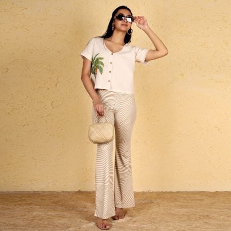 Handcrafted Banana Tree Print Cotton V Neck Shirt